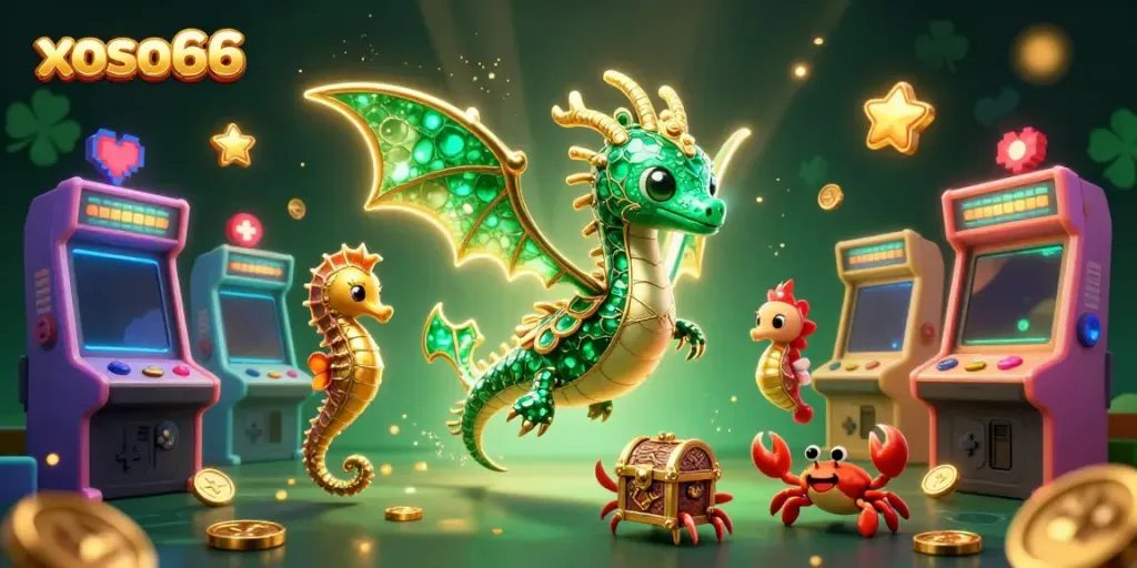 Experience thrilling gaming at xoso66, featuring a vibrant sea dragon, arcade games, and treasures.