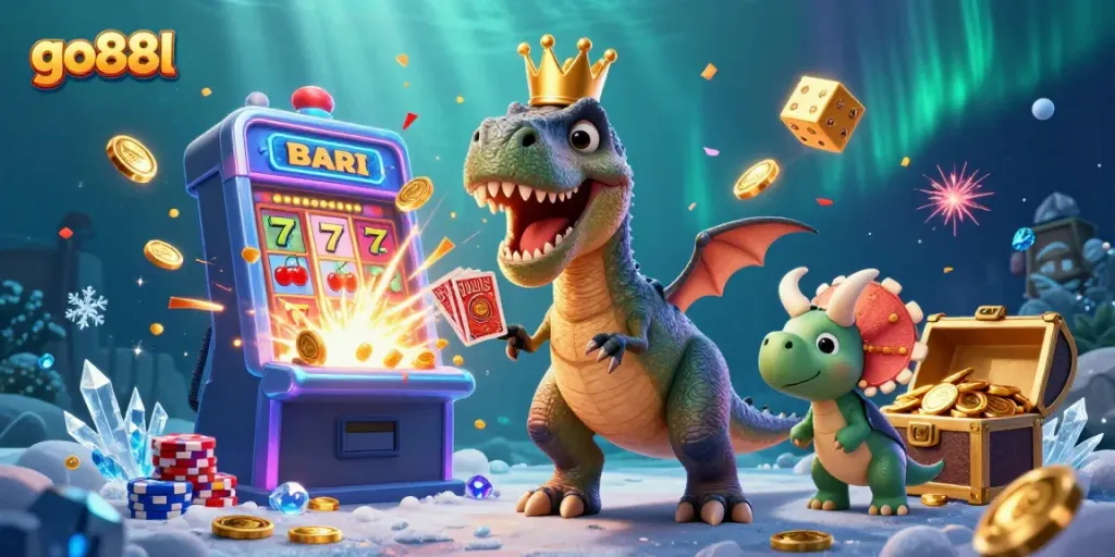 Win big at go88l with a vibrant T-Rex casino scene, complete with slots, chips, and fun