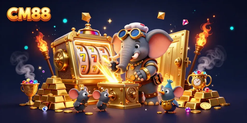 Spin the CM88 slot machine with a steampunk elephant engineer surrounded by gold treasures and engaging gaming elements.