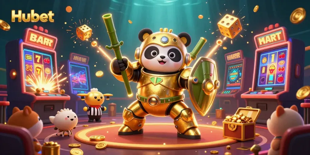 Experience Hubet's thrilling gambling scene with colorful slot machines and dynamic characters.