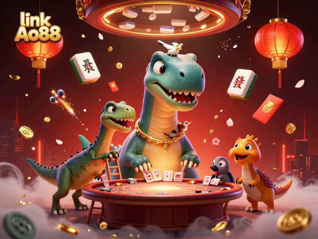 Experience thrilling fun at link Ao88 with a brontosaurus overseeing a vibrant poker game.