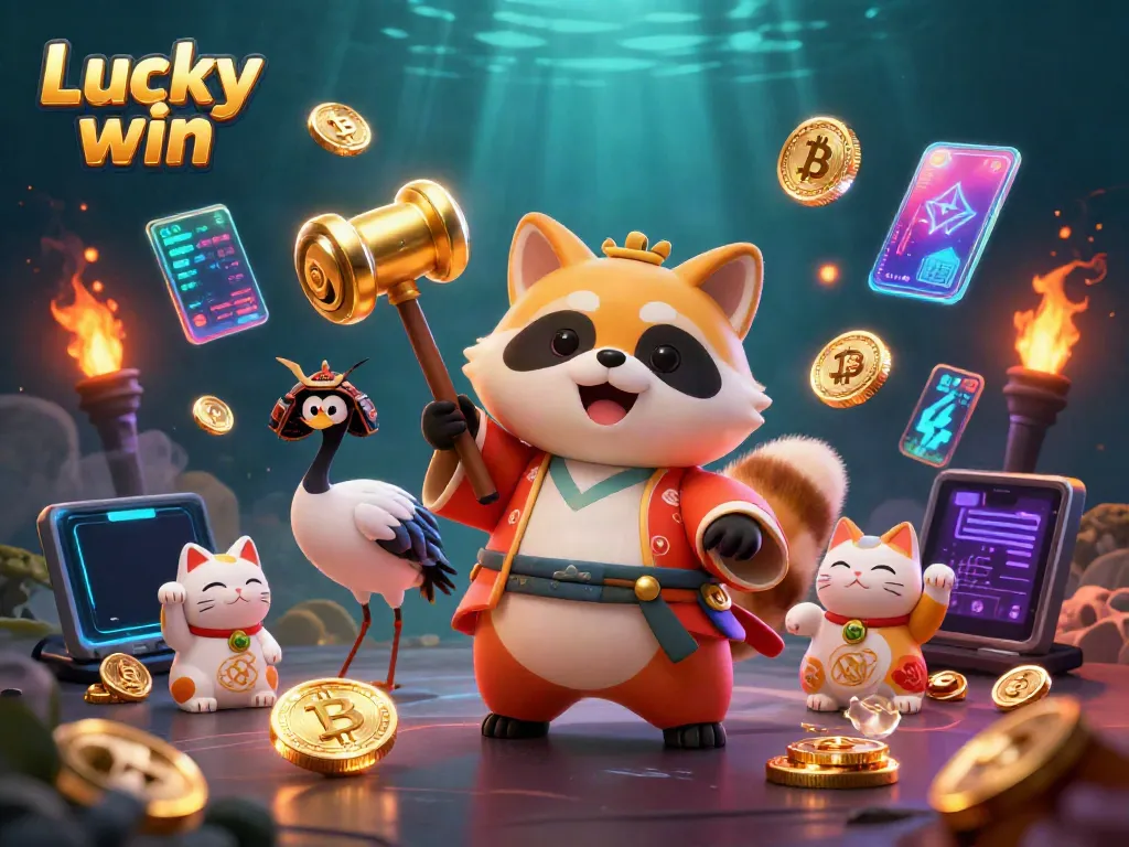 Join the fun at Lucky win with cheerful characters enjoying vibrant casino games and crypto elements.
