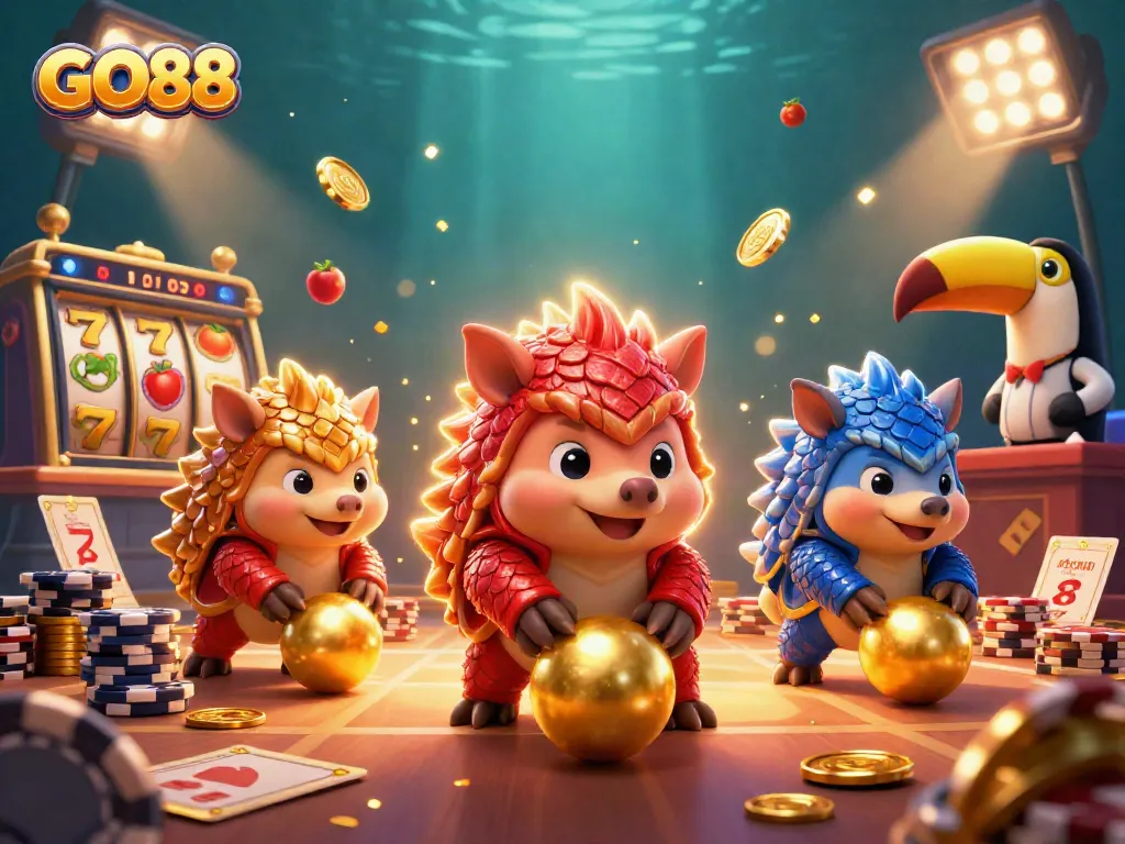 Experience GO88 with detailed pangolins and vibrant casino elements in an engaging gaming scene.