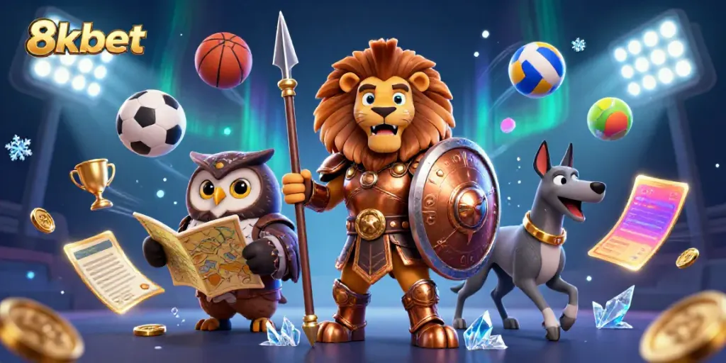 Experience thrilling betting action with 8xbet in a dynamic 3D casino scene filled with sports elements.