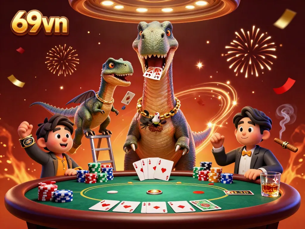 Experience thrilling gameplay with 69vn in an exciting casino environment, featuring dinosaurs and poker elements.