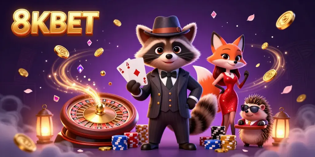 Engage in thrilling gameplay at 8KBET with a suave raccoon and a dazzling fox in a vibrant casino scene.