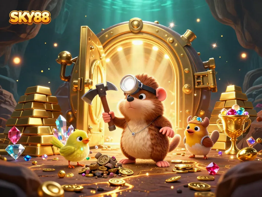 Experience thrilling game exploration at SKY88 with exciting 3D treasure visuals and dynamic casino elements.