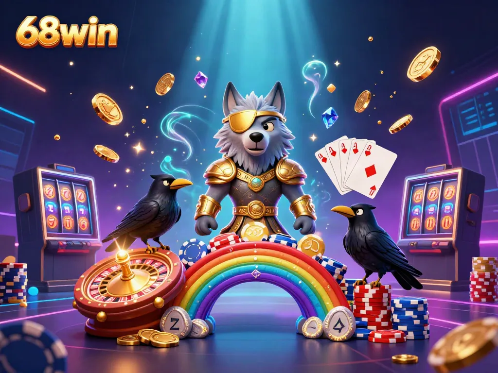 Engage in thrilling gameplay at 68win, with a colorful scene featuring Odin and casino elements.