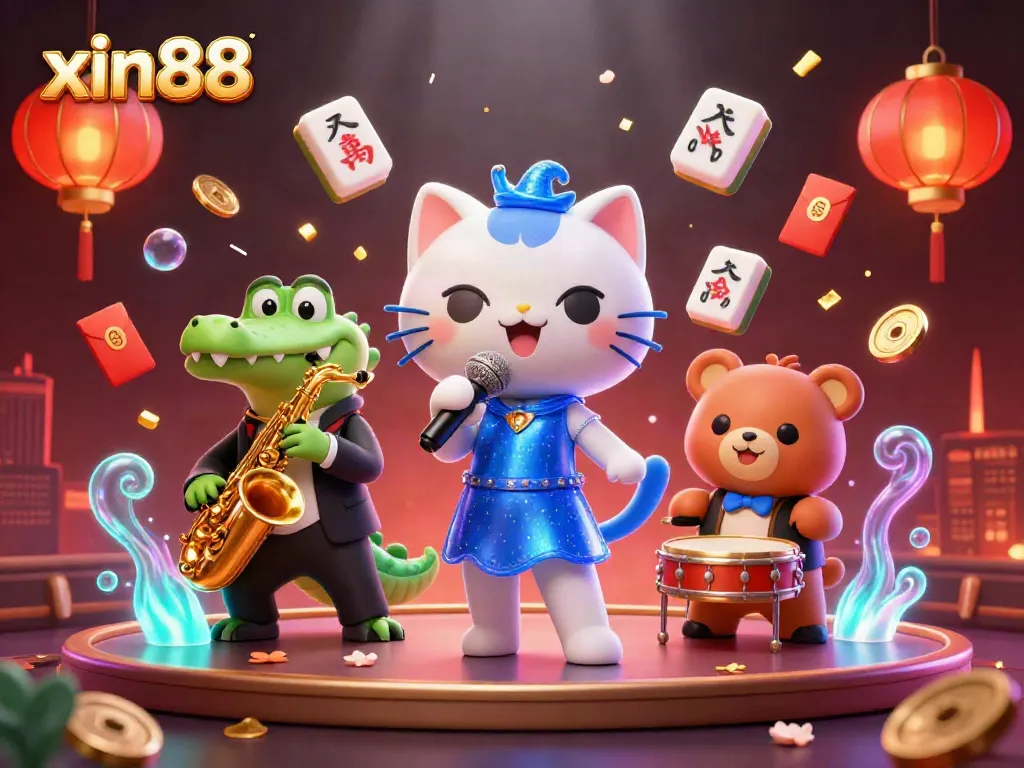 Watch the entertaining jazz-singer cat perform live at xin88's exciting casino stage with festive decorations.