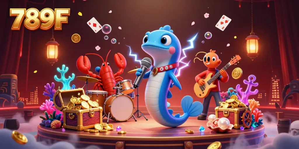 Experience the energetic vibe of 789F at a dazzling underwater casino stage featuring a DJ electric eel.