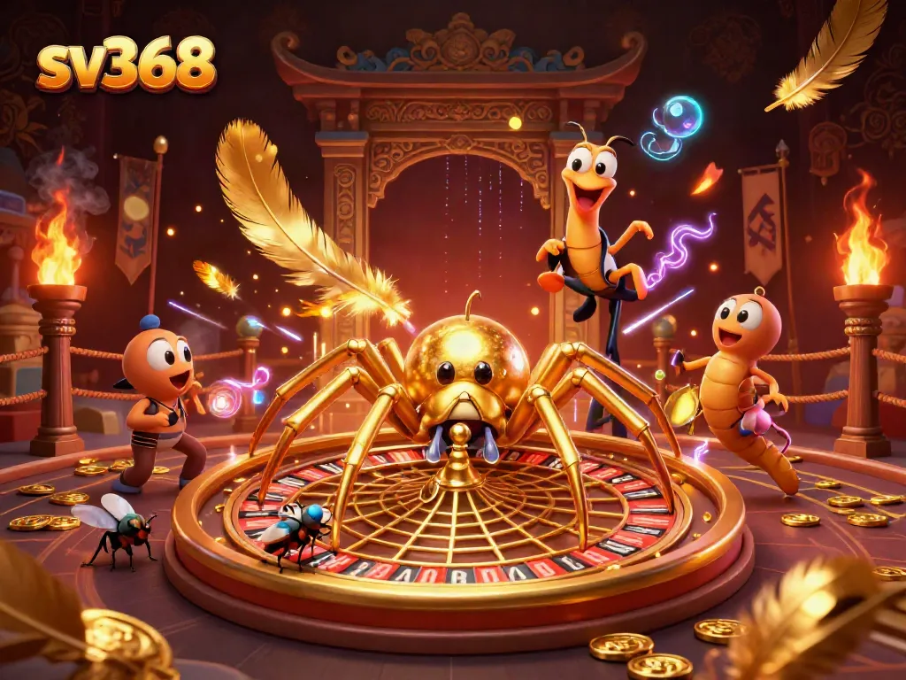 Experience thrilling bets with sv368's golden spider web roulette in a vibrant casino scene.
