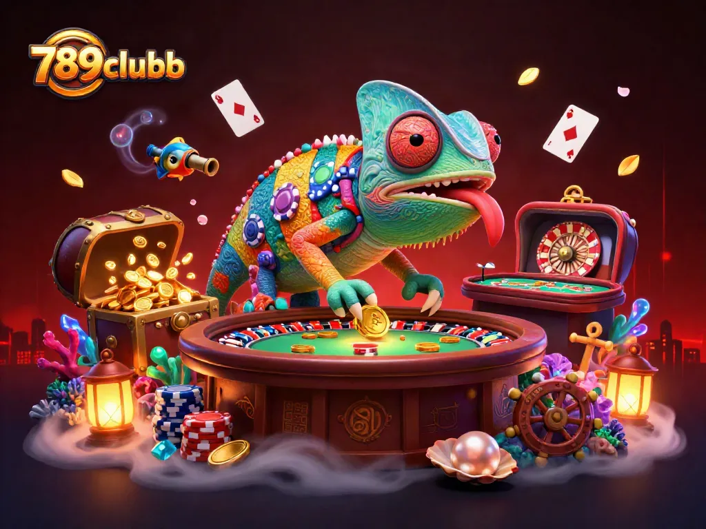 Engage in thrilling gameplay as 789clubb's vibrant casino chameleon captures golden coins.
