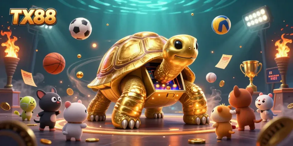 Join the excitement at TX88 with a thrilling illustration of a gaming tortoise and vibrant sports elements!