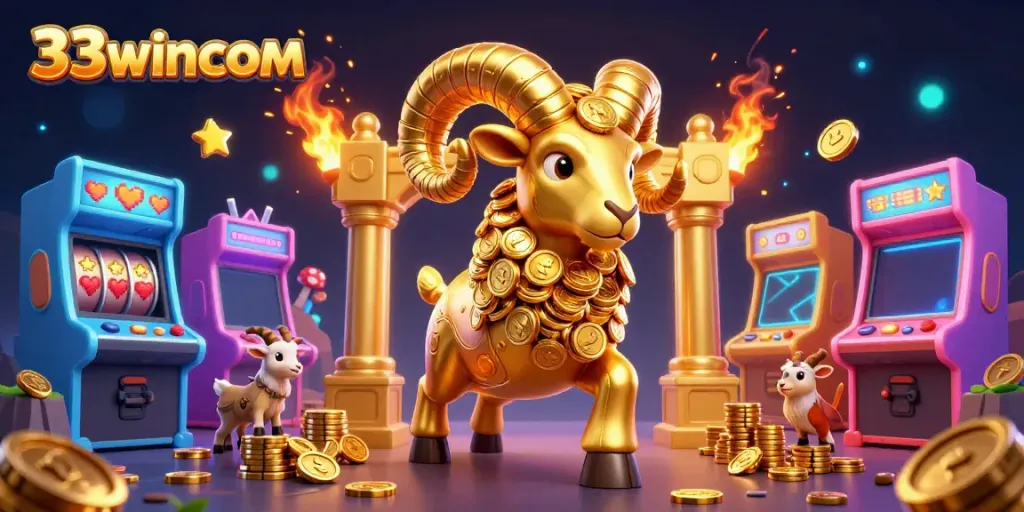 Engage in thrilling gameplay at 33wincom with vibrant arcade elements and a golden charging ram.