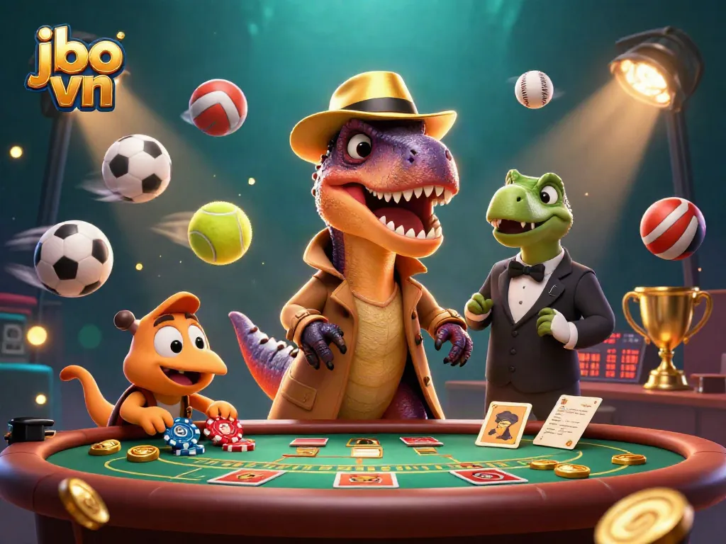 Engage with thrilling gaming action at jbo vn, featuring animated dinosaur characters in a casino setting.