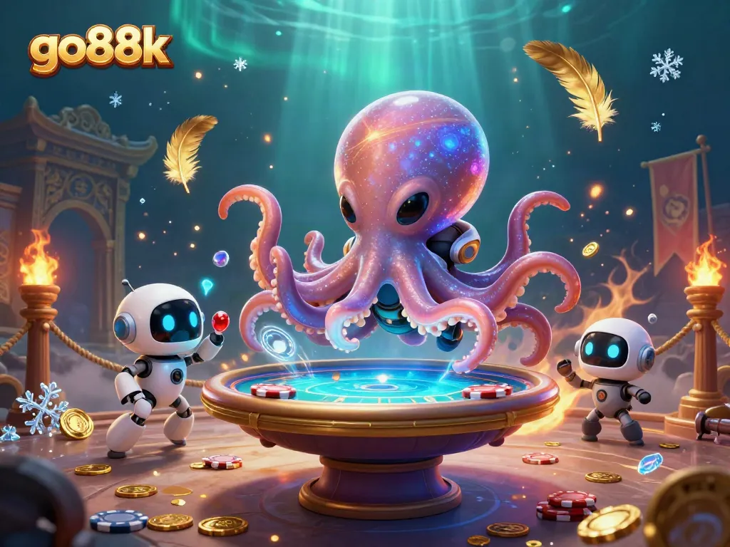 Engage in poker excitement with go88k's vibrant cosmic gaming scene featuring alien octopus and robot.
