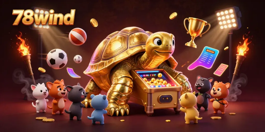 Engage in thrilling play at 78wind with golden tortoise, vibrant sports elements, and excitement.