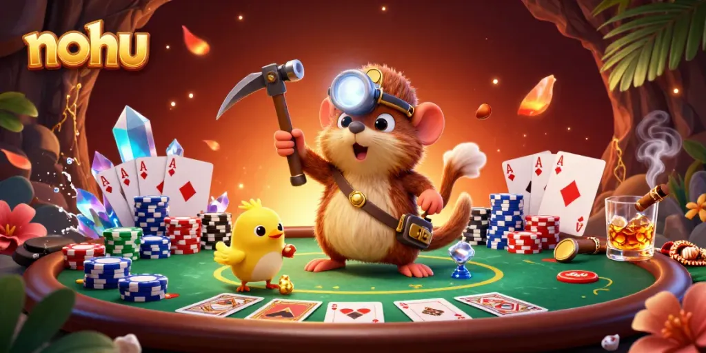 Experience the thrills of nohu with treasure hunting in a glowing cave filled with poker elements.