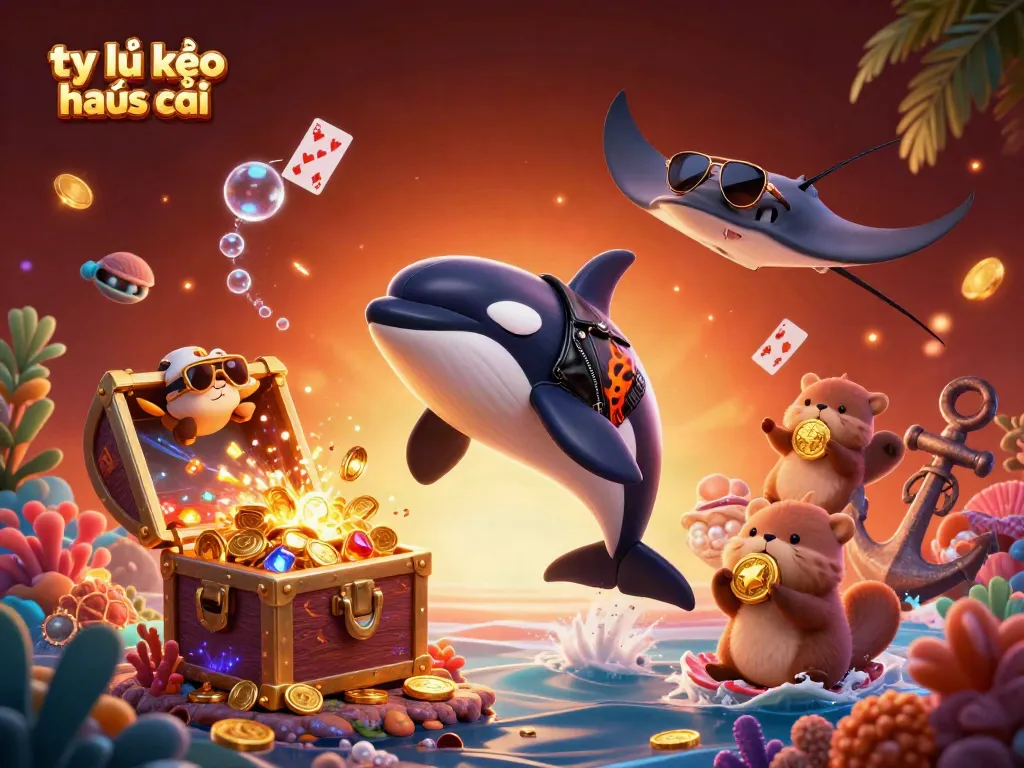 Bet on tỷ lệ kèo nhà cái with dynamic casino elements and playful sea creatures in vibrant illustration.