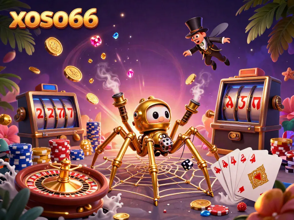 Experience thrilling moments with xoso66 as a steampunk spider captures luck in a vibrant casino scene.