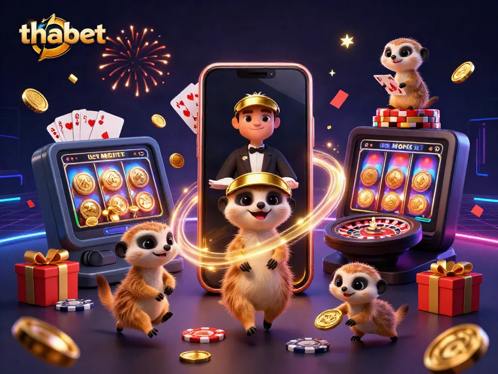 Engaging meerkats running a lively casino operation, featuring thabet brand in a vibrant atmosphere.