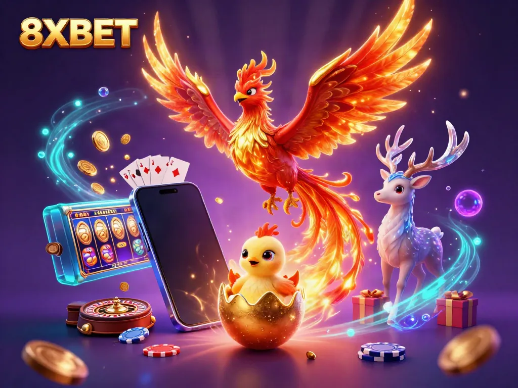 Experience the thrills of 8XBET with a lively scene featuring a phoenix, baby chick, and gaming elements.