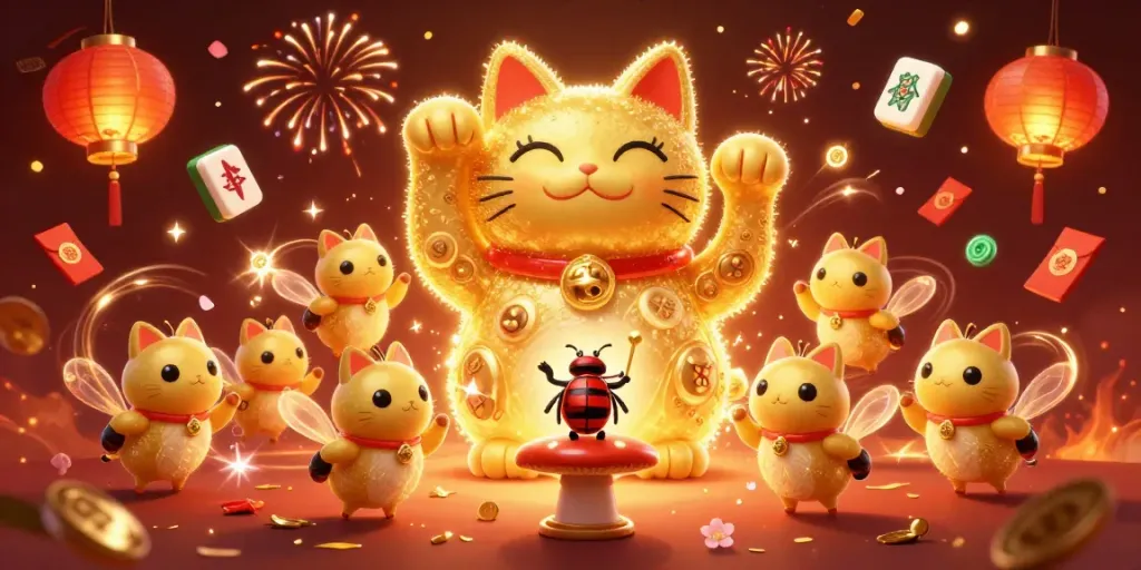 Xoilac showcases a lively casino scene with dynamic elements and a lucky cat, emphasizing vibrant energy and fun.