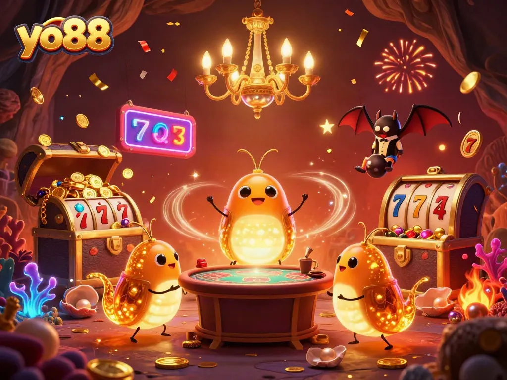Engage in thrilling fun at yo88 with cartoon glowworms in a vibrant casino scene.
