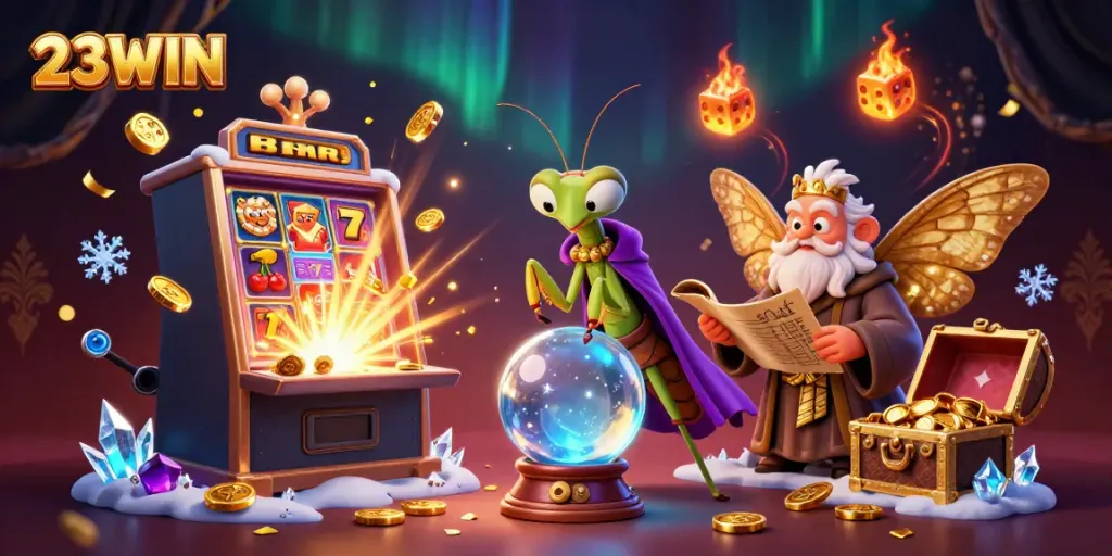 Join the thrilling world of 23WIN as mystical characters unveil jackpot surprises amid vibrant casino elements.