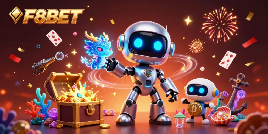 Experience the excitement of F8BET with vibrant casino-themed characters in a dynamic 3D scene.
