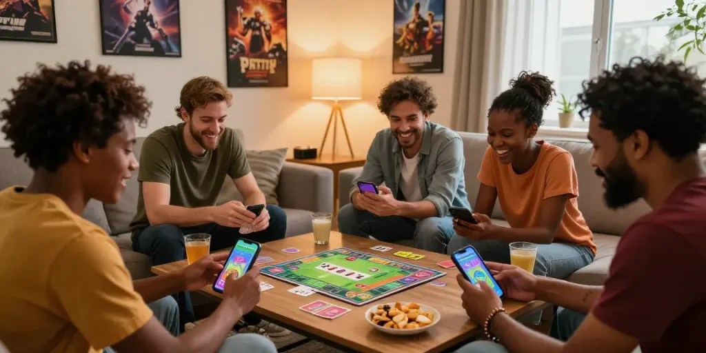 Friends enjoying the 3 Patti no1 card game on smartphones in a cozy setting.