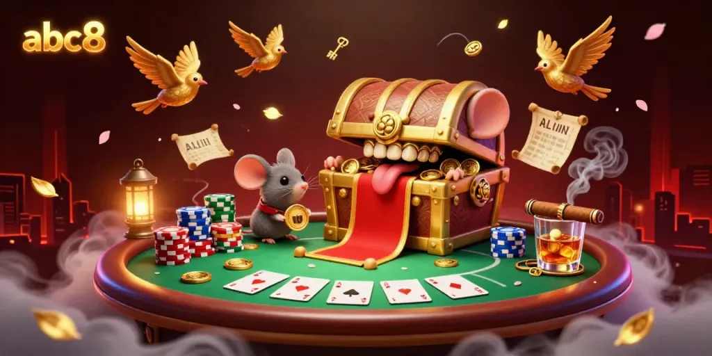 Experience thrilling gameplay at abc8 with a golden treasure chest and poker elements in this enchanting illustration.