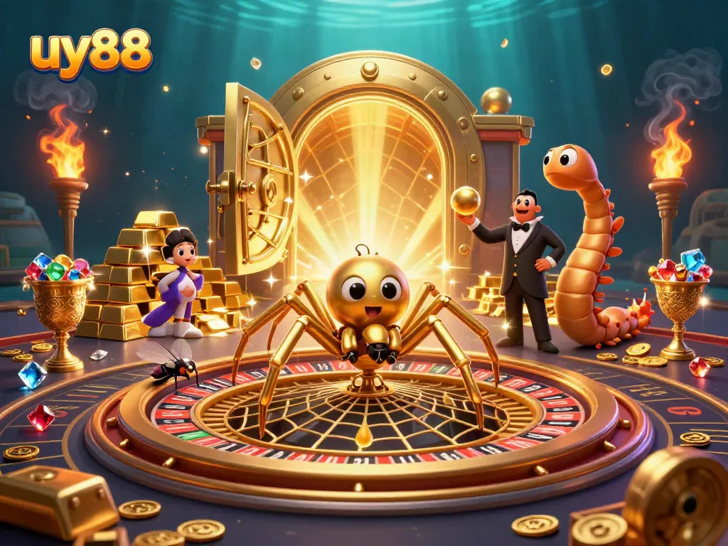 Place bets in a vibrant casino scene as uy88 characters spin the roulette wheel.