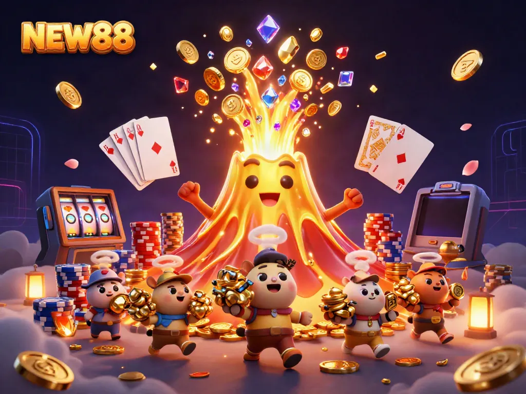Engage with NEW88's exciting slot adventure featuring golden treasures and vibrant casino elements.