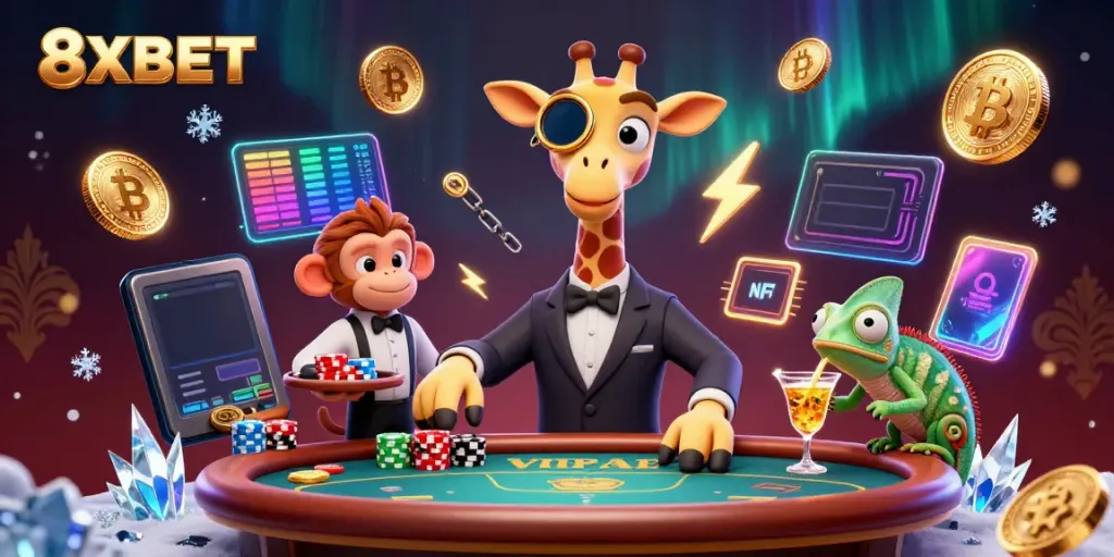 Join the fun at 8XBET with a high-roller giraffe and vibrant casino elements in action.