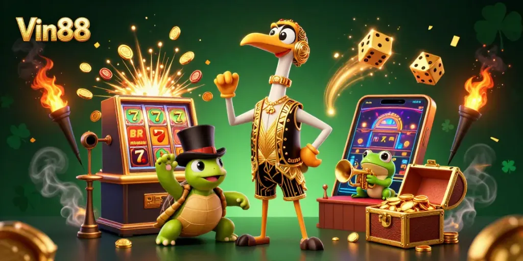 Experience thrilling gameplay at Vin88 with a dynamic 3D illustration showcasing a vibrant casino atmosphere.