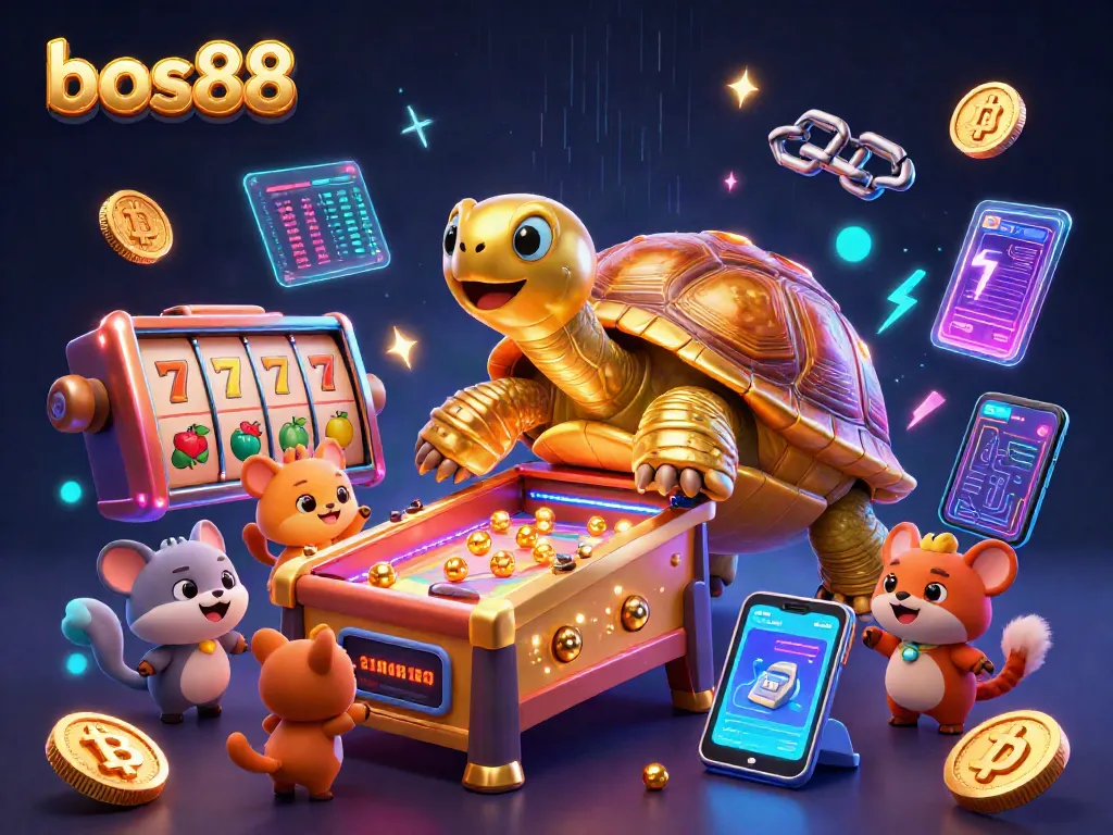 Engage in exciting gameplay with bos88 while enjoying vibrant slot reels and a colossal tortoise machine.