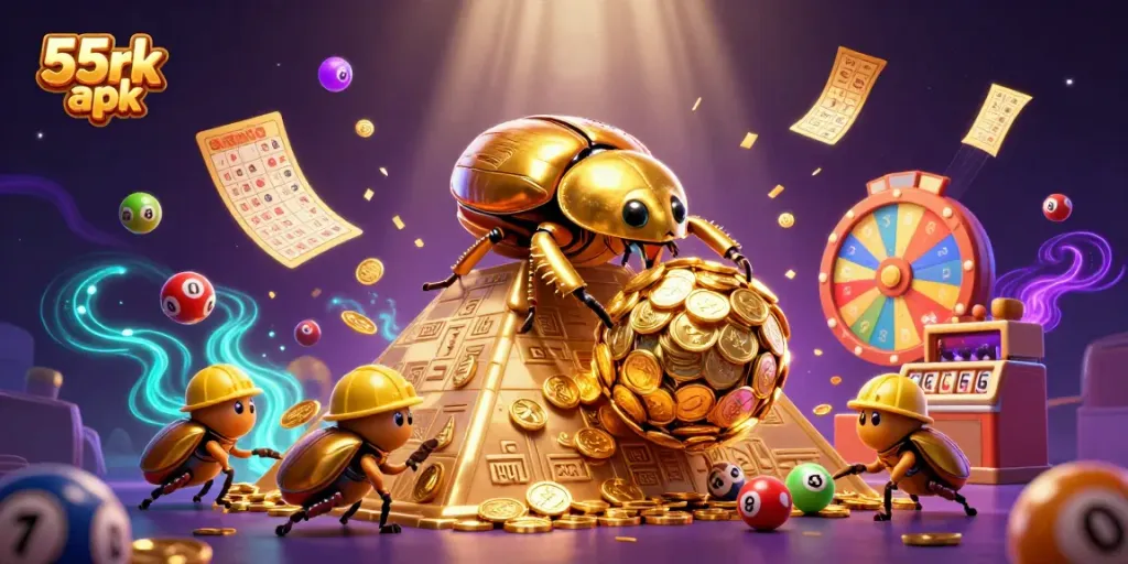 Visualize exciting gameplay like 55rk apk with a golden dung beetle rolling coins, enhancing your gaming experience.