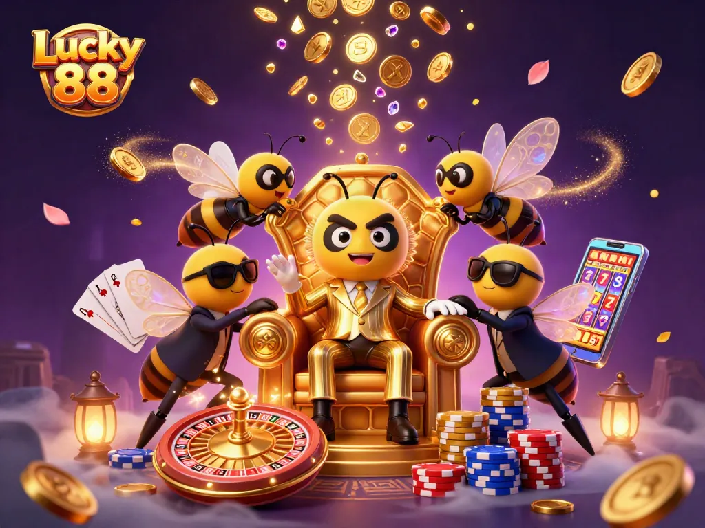 Experience Lucky 88 with a thrilling scene of games and characters amidst dazzling casino elements.
