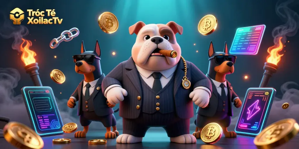 Engage with Trực Tiếp XoilacTv's thrilling atmosphere, featuring a mafia boss bulldog, bodyguards, and neon crypto elements.