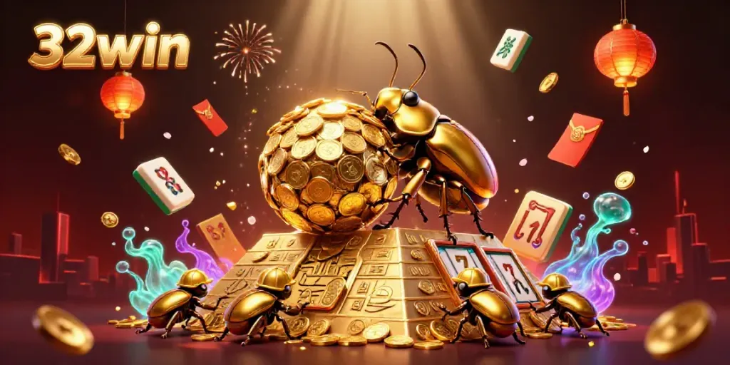Engage with the vibrant world of gambling with 32win, highlighted by golden coins and lively casino symbols.