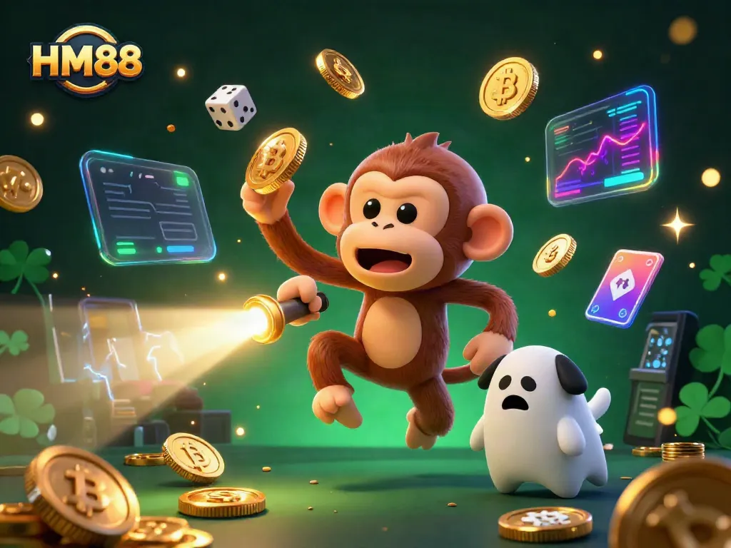 Experience the thrilling world of HM88 with a playful, mischievous monkey juggling casino treasures in a haunted casino.