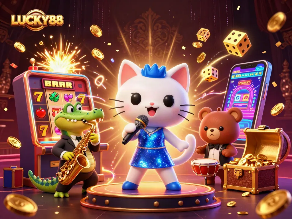 LUCKY88 brings excitement with a vibrant casino scene featuring lively characters and dynamic elements.