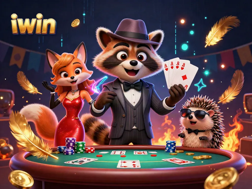 iwin engages players in a vibrant poker scene with a raccoon, fox, and hedgehog characters.