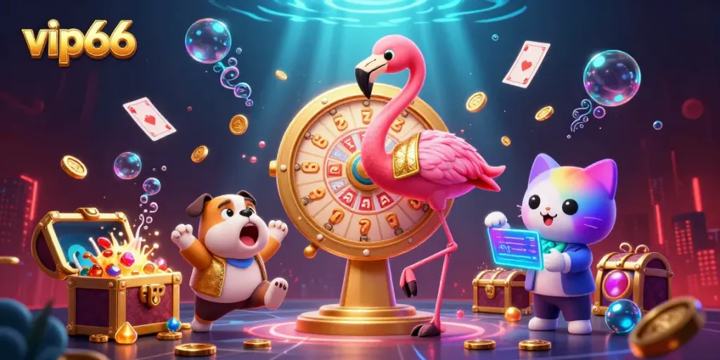 Spin the giant golden prize wheel with vip66, featuring exciting prizes and a vibrant cartoon casino theme.