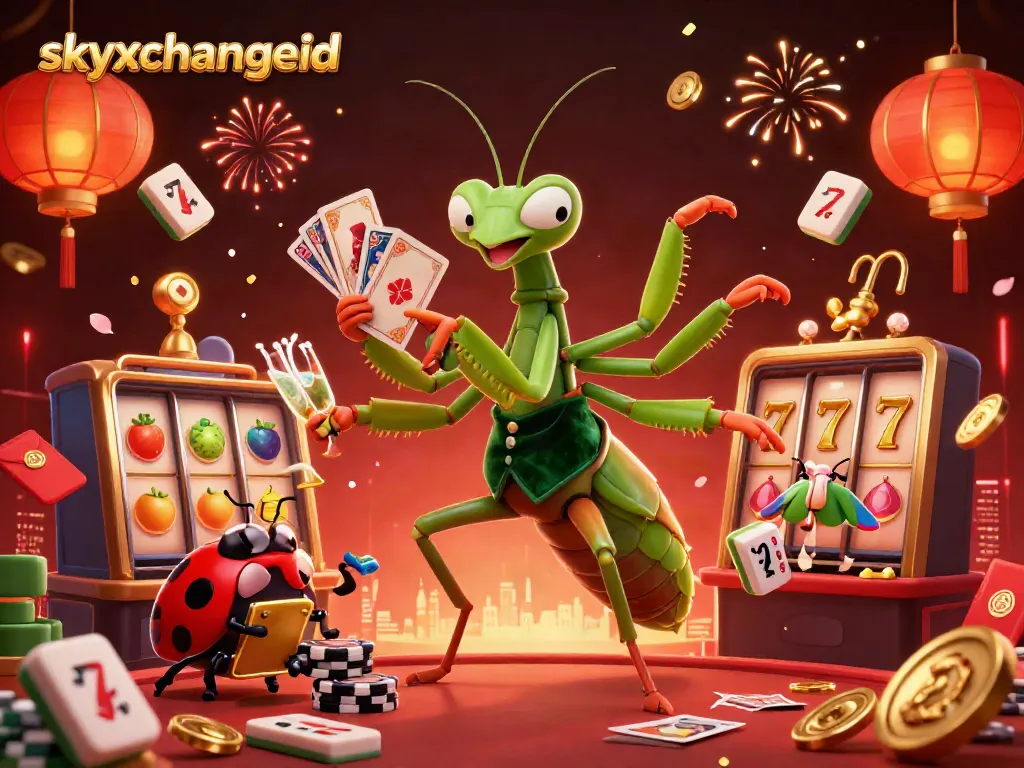 Engage with skyxchangeid as the praying mantis card sharp celebrates wins in a vibrant casino scene.