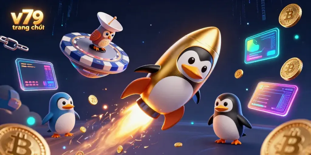 Engage with the vibrant scene of v79 trang chủ featuring a jet-powered penguin racing toward a casino station amid floating crypto elements.