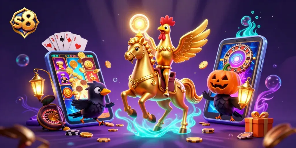 Experience thrilling gameplay in s8, where a golden rooster leads the charge through a vibrant casino atmosphere.