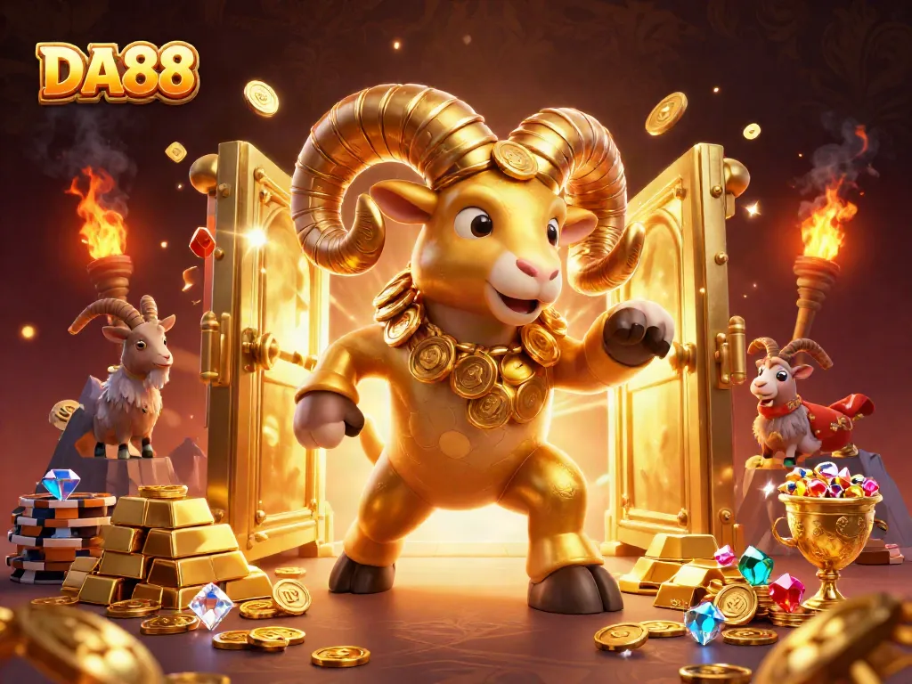 Experience the thrill of DA88 with a vibrant gold-filled casino scene featuring whimsical characters and engaging elements.