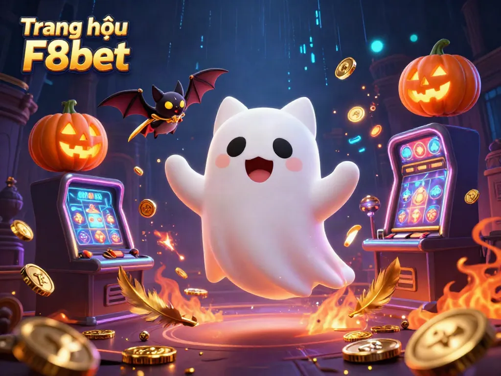 Experience the thrill of Trang chủ F8bet with a ghost cat and bat in an enchanted casino environment.